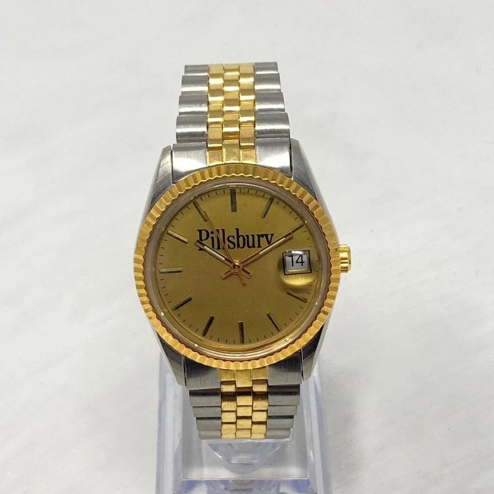 Pillsbury Watch Men 35mm Silver Gold Two Tone Date Bubble Round New Battery 7
